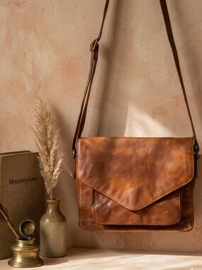 Vintage Style Cognac Vegan Leather Crossbody Messenger Bag Multi-Pocket